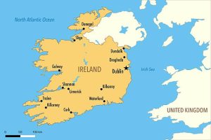 Vector Map of Ireland with Major Cities and Neighboring Countries